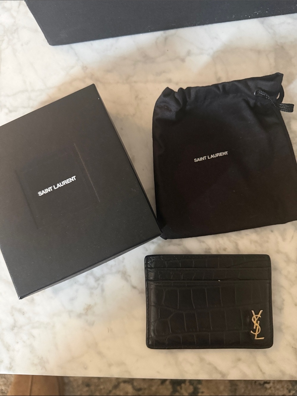 Saint Laurent Black Croc-Embossed Leather Card Holder with Gold YSL Monogram